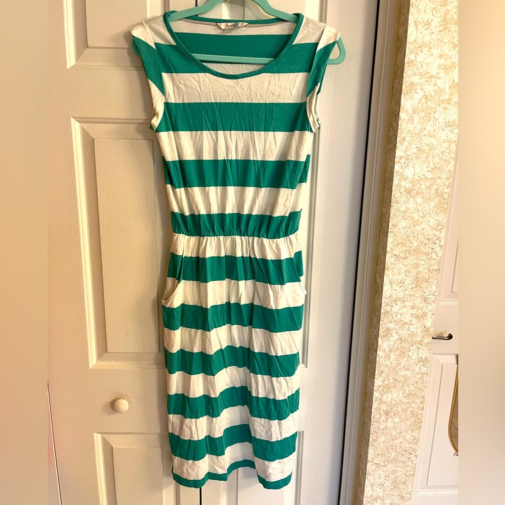 Boden jersey midi dress teal stripe 4L pockets cap sleeves elastic waist